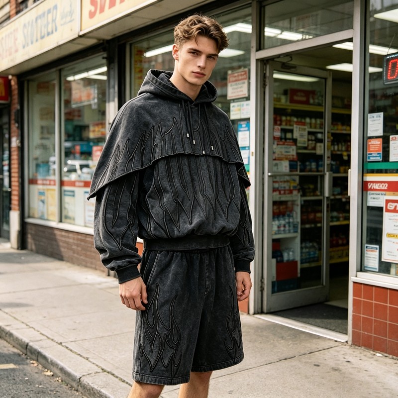 Washed Embroidery Layered Cape Hoodie Set