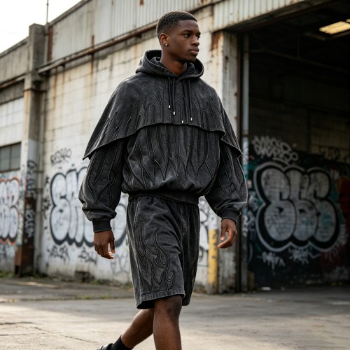 Washed Embroidery Layered Cape Hoodie Set | Vintage Acid Wash Gothic Flame Design | OEM Streetwear