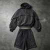 Washed Embroidery Layered Cape Hoodie Set | Vintage Acid Wash Gothic Flame Design | OEM Streetwear