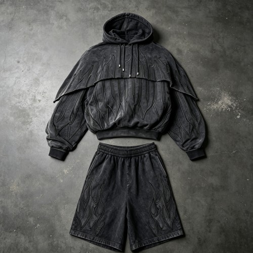 Washed Embroidery Layered Cape Hoodie Set | Vintage Acid Wash Gothic Flame Design | OEM Streetwear