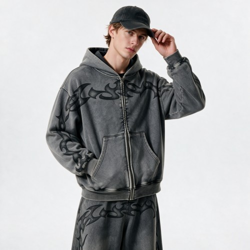Washed DTG Print Full Zip Hoodie Set | Vintage Mineral Wash Tribal Graphic Zip Up Design | Custom Streetwear