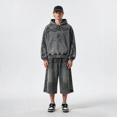 Washed DTG Print Full Zip Hoodie Set | Vintage Mineral Wash Tribal Graphic Zip Up Design | Custom Streetwear