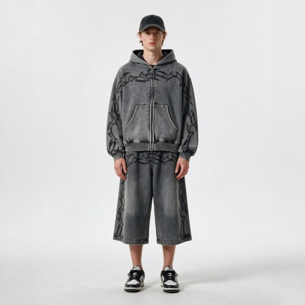 Washed DTG Print Full Zip Hoodie Set | Vintage Mineral Wash Tribal Graphic Zip Up Design | Custom Streetwear