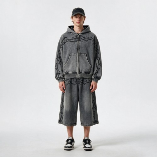 Washed DTG Print Full Zip Hoodie Set | Vintage Mineral Wash Tribal Graphic Zip Up Design | Custom Streetwear