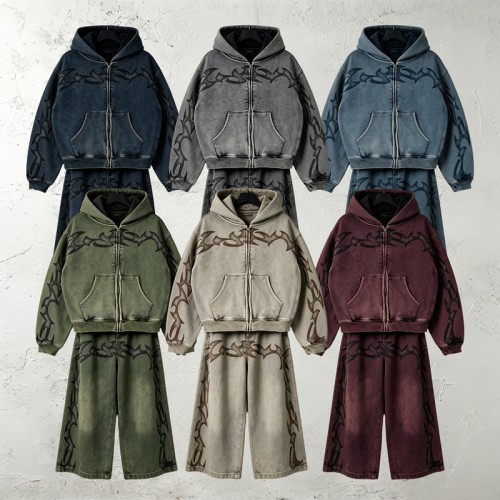 Washed DTG Print Full Zip Hoodie Set | Vintage Mineral Wash Tribal Graphic Zip Up Design | Custom Streetwear