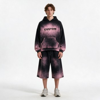 Washed Spray Dye Gradient Hoodie Set | Multi-Color Rivet Pocket Design | Custom Streetwear