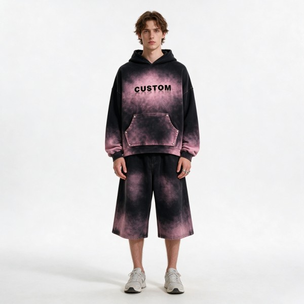 Washed Spray Dye Gradient Hoodie Set | Multi-Color Rivet Pocket Design | Custom Streetwear