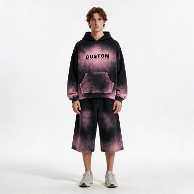 Washed Spray Dye Gradient Hoodie Set | Multi-Color Rivet Pocket Design | Custom Streetwear