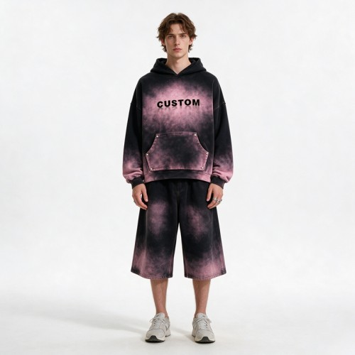 Washed Spray Dye Gradient Hoodie Set | Multi-Color Rivet Pocket Design | Custom Streetwear