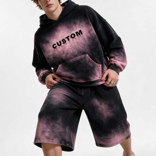 Washed Spray Dye Gradient Hoodie Set | Multi-Color Rivet Pocket Design | Custom Streetwear