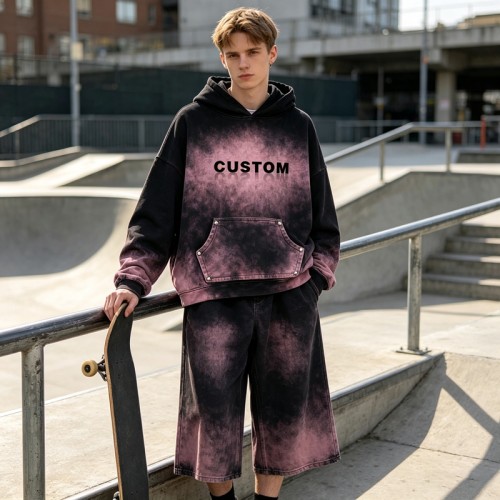 Washed Spray Dye Gradient Hoodie Set | Multi-Color Rivet Pocket Design | Custom Streetwear