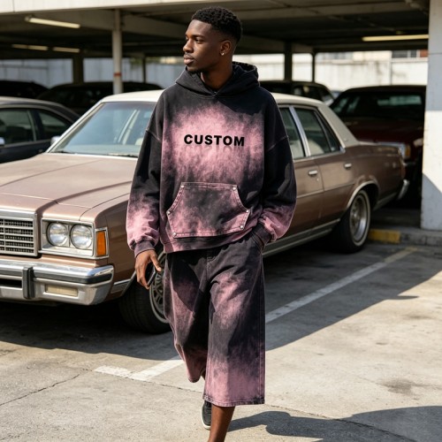 Washed Spray Dye Gradient Hoodie Set | Multi-Color Rivet Pocket Design | Custom Streetwear