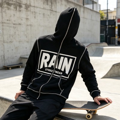 Screen Print Full Face Zip Hoodie | Contrast Stitch | Daily Casual Hip Hop Streetwear | Custom Streetwear