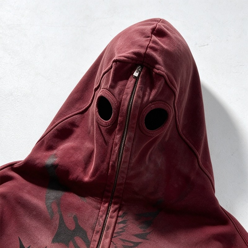 Washed Spray dye Screen Print Full Face Zip Hoodie