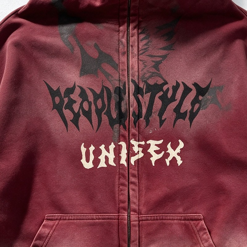 Washed Spray dye Screen Print Full Face Zip Hoodie