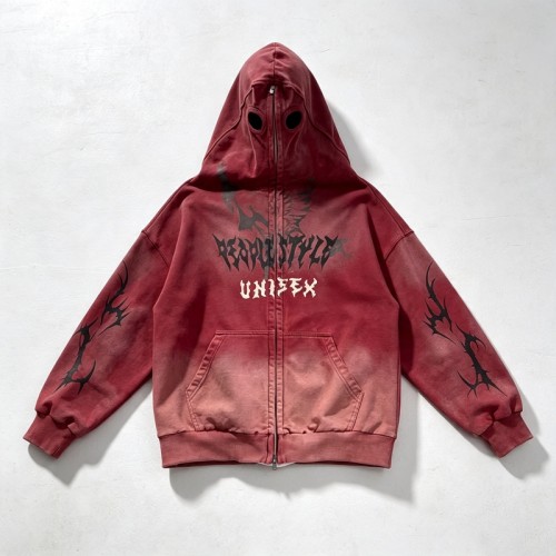 Washed Spray dye Screen Print Full Face Zip Hoodie | Eye Hole Balaclava Hood Design | Streetwear Manufacturer