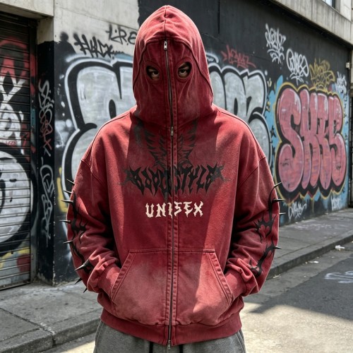 Washed Spray dye Screen Print Full Face Zip Hoodie | Eye Hole Balaclava Hood Design | Streetwear Manufacturer