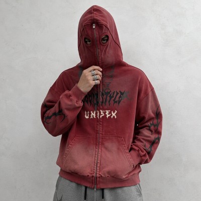 Washed Spray dye Screen Print Full Face Zip Hoodie | Eye Hole Balaclava Hood Design | Streetwear Manufacturer