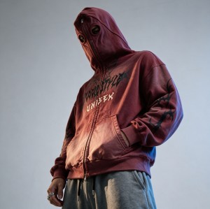Washed Spray dye Screen Print Full Face Zip Hoodie | Eye Hole Balaclava Hood Design | Streetwear Manufacturer
