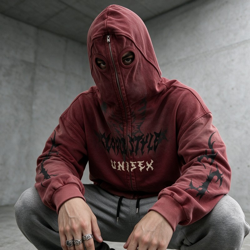 Washed Spray dye Screen Print Full Face Zip Hoodie