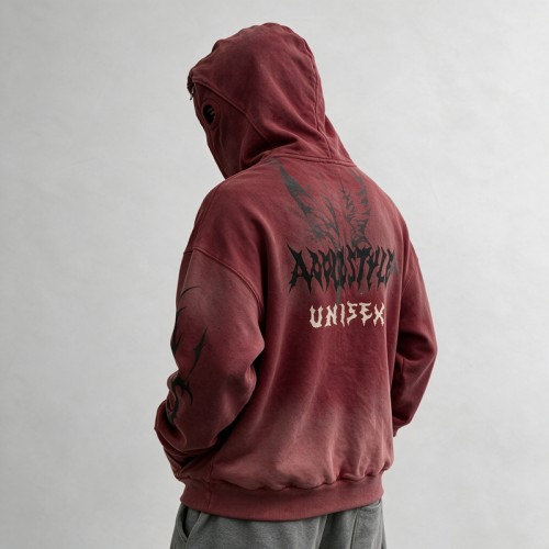Washed Spray dye Screen Print Full Face Zip Hoodie | Eye Hole Balaclava Hood Design | Streetwear Manufacturer