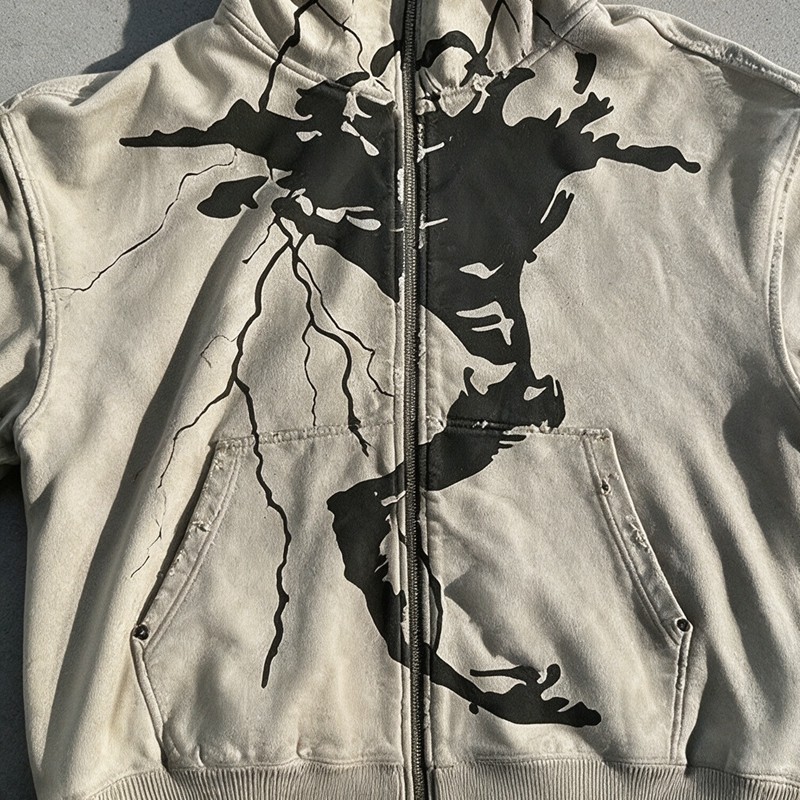 Washed Screen Print Full Face Zip Hoodie
