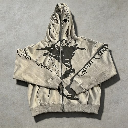 Washed Screen Print Full Face Zip Hoodie | Distressed Eye Hole Balaclava Design | OEM Streetwear