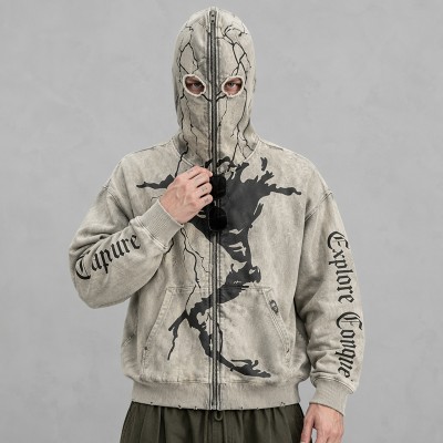 Washed Screen Print Full Face Zip Hoodie | Distressed Eye Hole Balaclava Design | OEM Streetwear