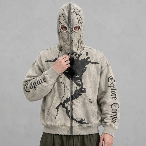 Washed Screen Print Full Face Zip Hoodie | Distressed Eye Hole Balaclava Design | OEM Streetwear