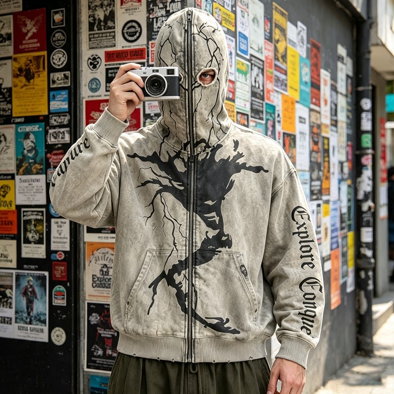 Washed Screen Print Full Face Zip Hoodie
