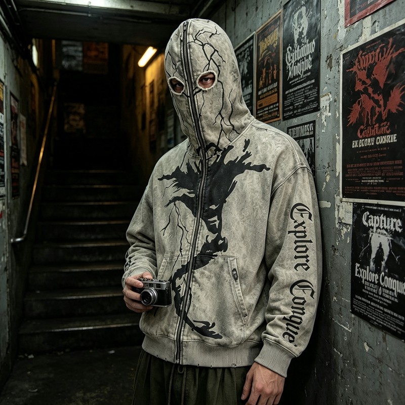 Washed Screen Print Full Face Zip Hoodie