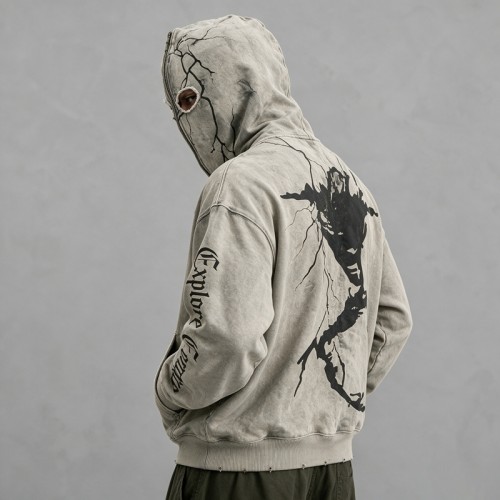 Washed Screen Print Full Face Zip Hoodie | Distressed Eye Hole Balaclava Design | OEM Streetwear