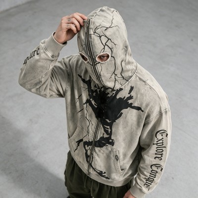 Washed Screen Print Full Face Zip Hoodie | Distressed Eye Hole Balaclava Design | OEM Streetwear
