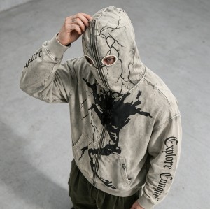 Washed Screen Print Full Face Zip Hoodie | Distressed Eye Hole Balaclava Design | OEM Streetwear