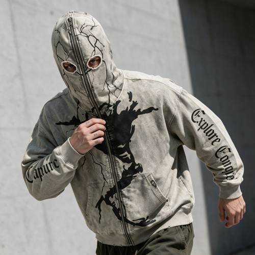 Washed Screen Print Full Face Zip Hoodie | Distressed Eye Hole Balaclava Design | OEM Streetwear