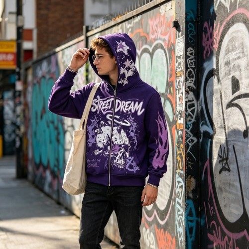 Washed DTG Screen Print Full Face Zip Hoodie | Graffiti Hip Hop Urban Street Casual Wear | Custom Streetwear