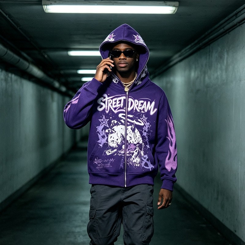 Washed DTG Screen Print Full Face Zip Hoodie