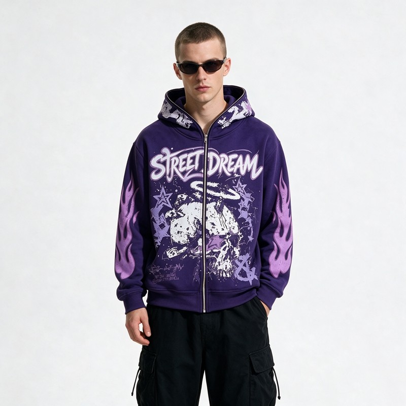 Washed DTG Screen Print Full Face Zip Hoodie