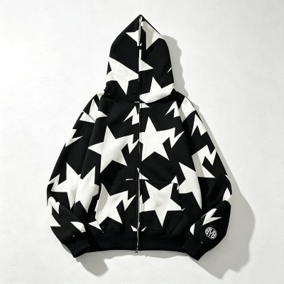 Full Face Zip Hoodie with All over Star Screen Print | Casual Hip Hop Street Daily Wear | Custom Clothing Manufacturer