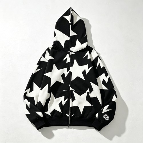 Full Face Zip Hoodie with All over Star Screen Print | Casual Hip Hop Street Daily Wear | Custom Clothing Manufacturer
