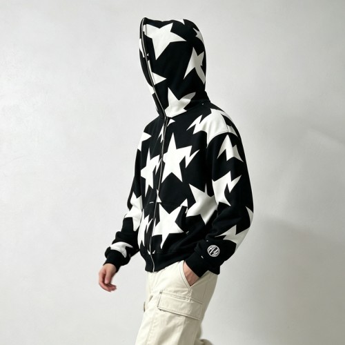 Full Face Zip Hoodie with All over Star Screen Print | Casual Hip Hop Street Daily Wear | Custom Clothing Manufacturer