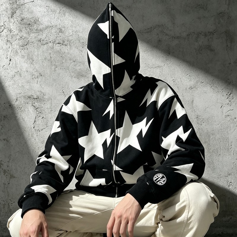 Full Face Zip Hoodie with All over Star Screen Print