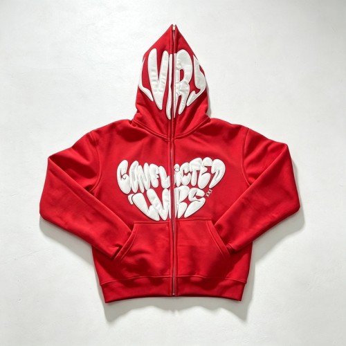 Full Face Zip Hoodie with Flame Heart 3D Puff Embroidery | Y2k hip hop street daily wear | OEM Streetwear