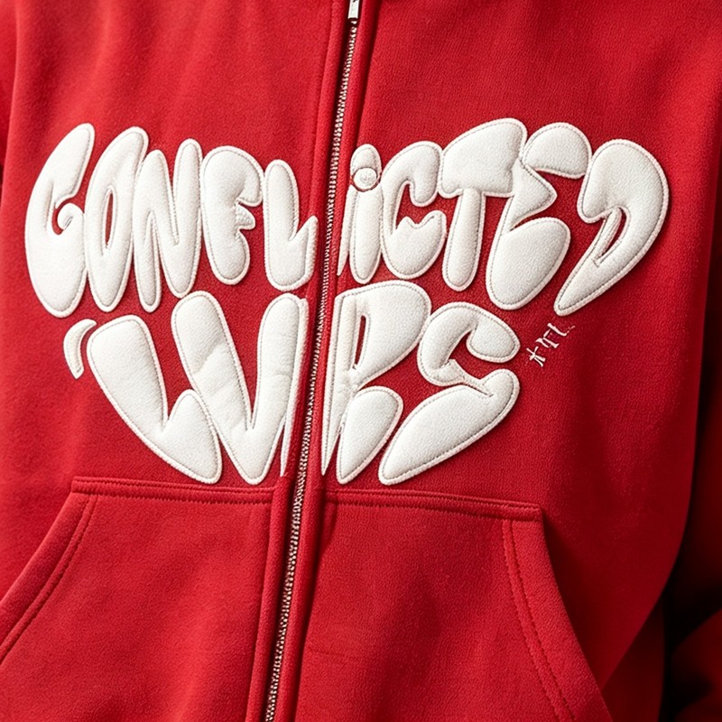 Full Face Zip Hoodie with Flame Heart 3D Puff Embroidery