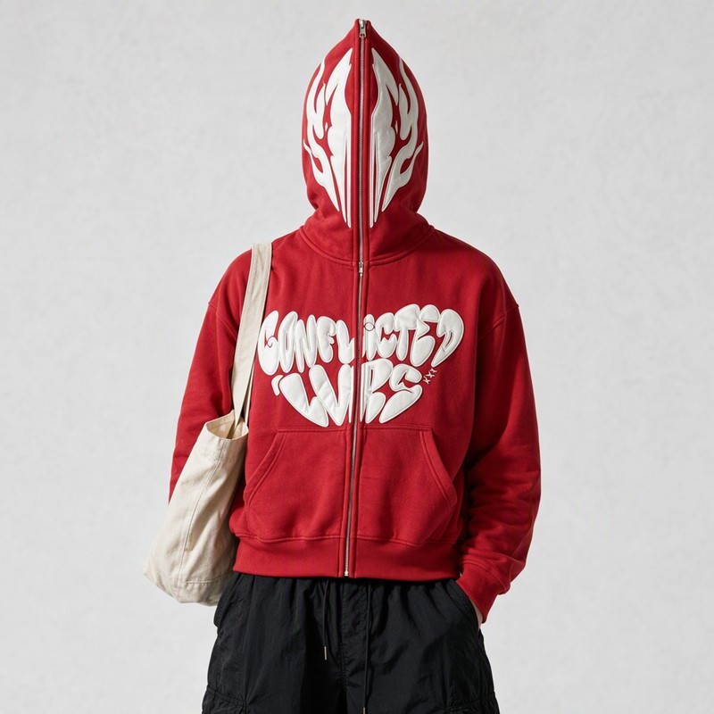 Full Face Zip Hoodie with Flame Heart 3D Puff Embroidery