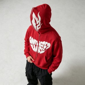 Full Face Zip Hoodie with Flame Heart 3D Puff Embroidery | Y2k hip hop street daily wear | OEM Streetwear