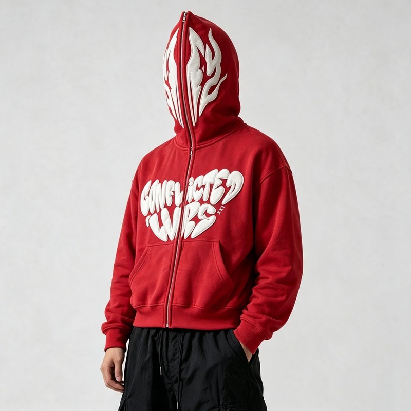 Full Face Zip Hoodie with Flame Heart 3D Puff Embroidery