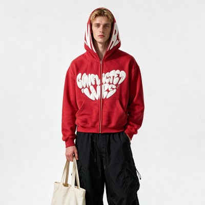 Full Face Zip Hoodie with Flame Heart 3D Puff Embroidery | Y2k hip hop street daily wear | OEM Streetwear