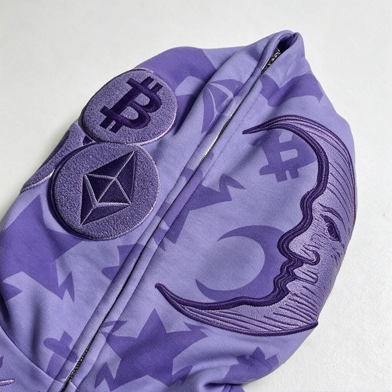 Embroidery Full Face Zip Hoodie with Towel Embroidery All Over DTG Print