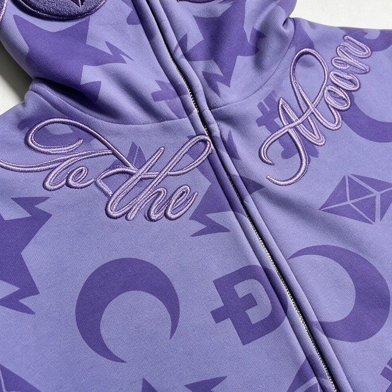 Embroidery Full Face Zip Hoodie with Towel Embroidery All Over DTG Print